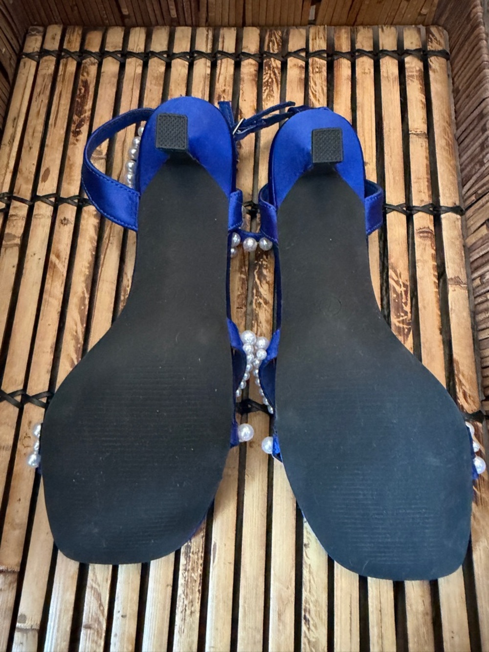 NEW Blue Satin Pearl Heels Ankle Strap Dress Sandals Wedding Guest Women Size 7 - Picture 4 of 8